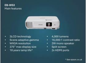 Máy chiếu Epson EB-W53 – Giải pháp trình chiếu linh hoạt, sáng rõ cho văn phòng và lớp học